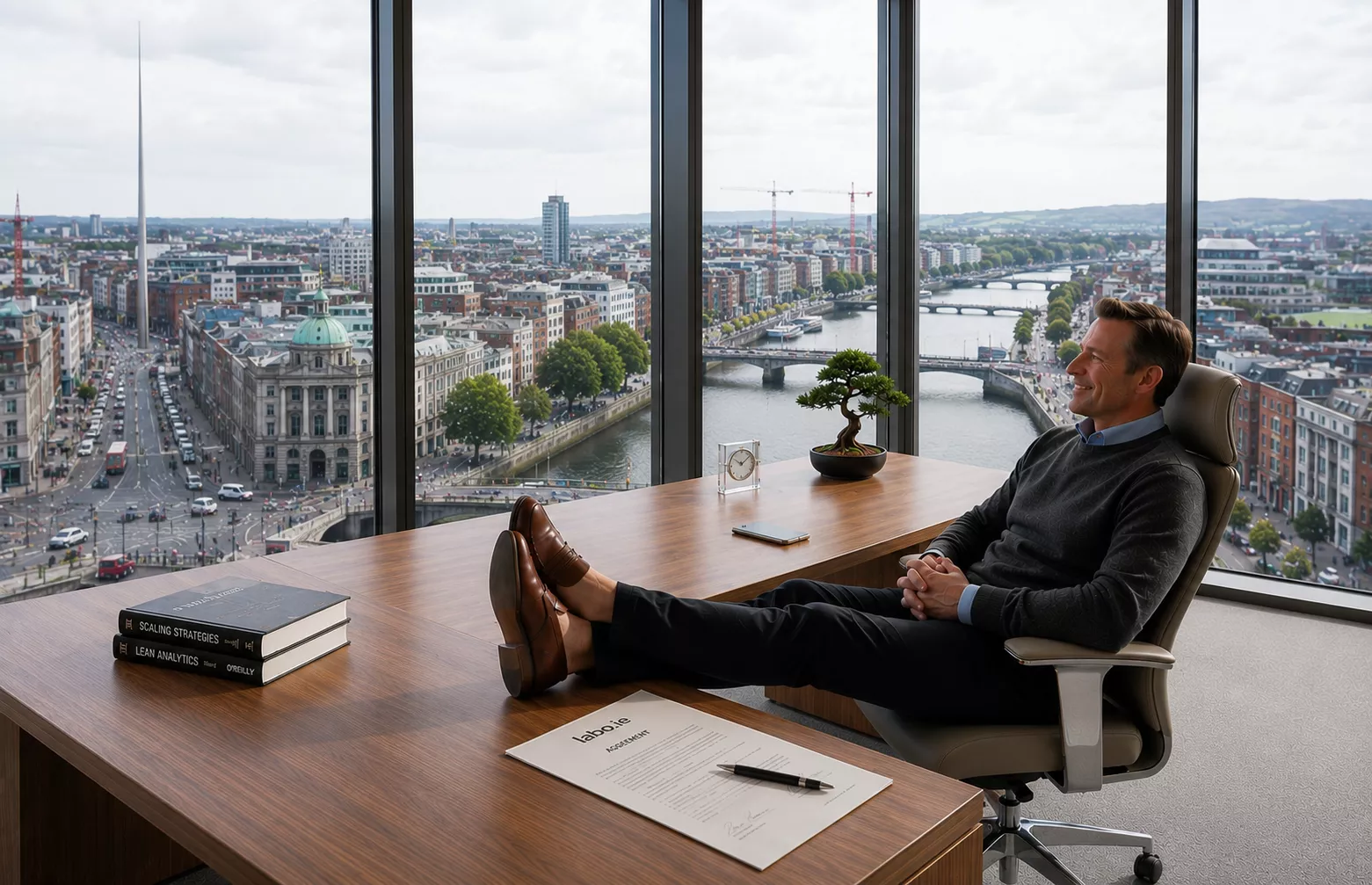 Relaxed business owner leaning back with feet up at a Dublin office desk overlooking the river Liffey and city skyline, free to focus on growth while Lab0 manages the technology